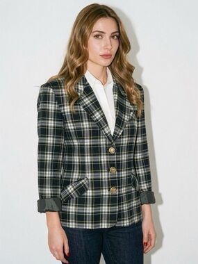 VINTAGE PLAID BLAZER GOLD BUTTONS WOOL BLEND JACKET WOMENS 48
